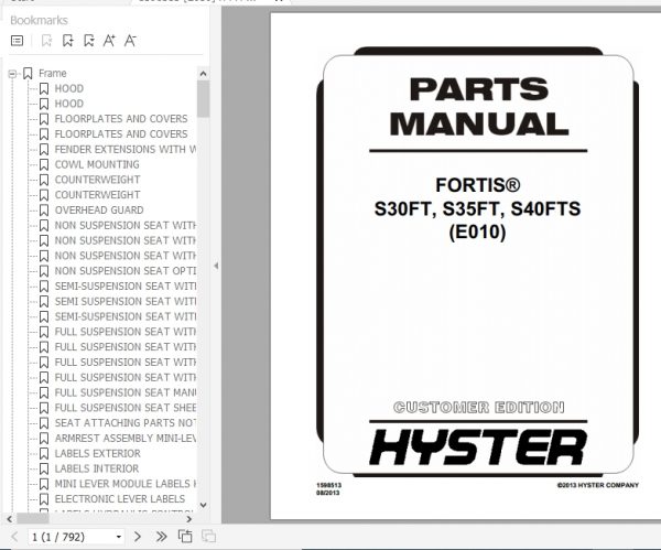 Hyster Forklift Truck E010 S30FT S35FT S40FTS Parts Manual 1598513 1