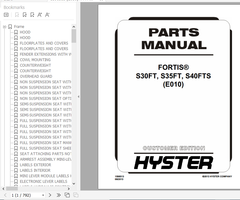 Hyster Forklift Truck E010 S30FT S35FT S40FTS Parts Manual 1598513 1