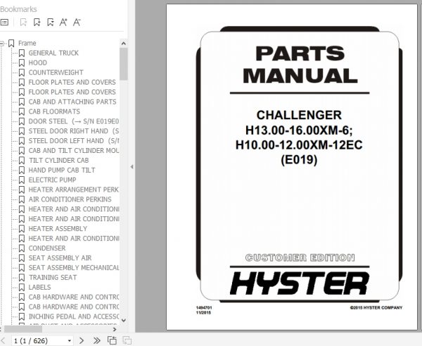 Hyster Forklift Truck E019 H13.00 16.00XM 6 H10.00 12.00XM 12EC Europe Parts Manual 1494701 1