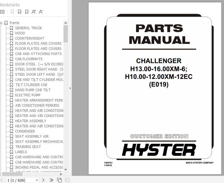 Hyster Forklift Truck E019 H13.00 16.00XM 6 H10.00 12.00XM 12EC Europe Parts Manual 1494701 1