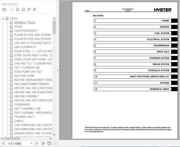 Hyster Forklift Truck E019 H13.00 16.00XM 6 H10.00 12.00XM 12EC Europe Parts Manual 1494701 2