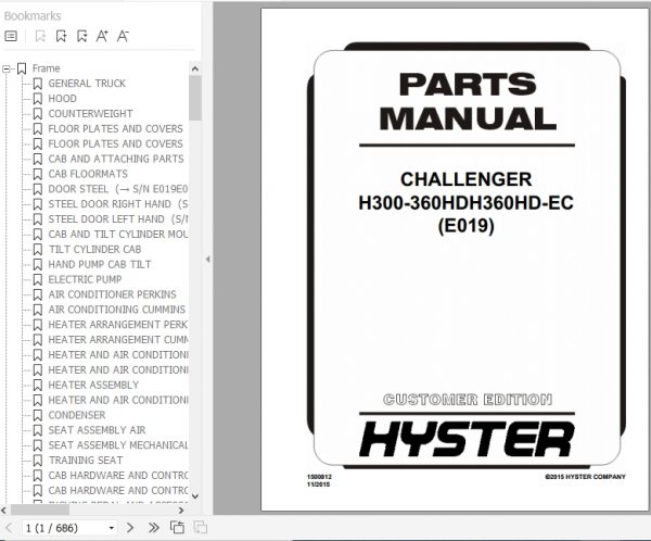 Hyster Forklift Truck E019 H300 360HDH360HD EC Parts Manual 1500812 1