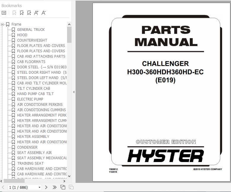 Hyster Forklift Truck E019 H300 360HDH360HD EC Parts Manual 1500812 1