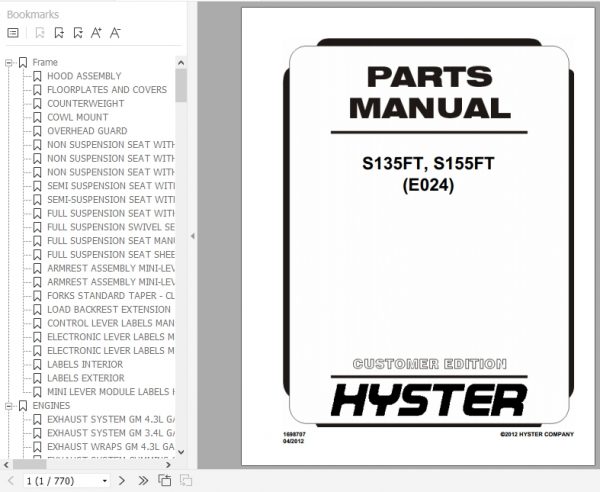 Hyster Forklift Truck E024 S135FT S155FT Parts Manual 1698707 1