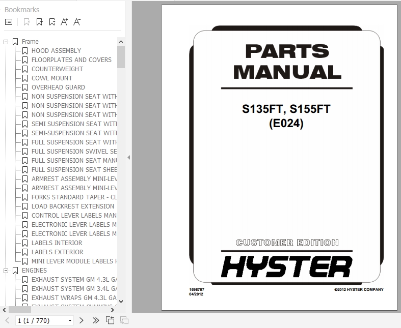 Hyster Forklift Truck E024 S135FT S155FT Parts Manual 1698707 1