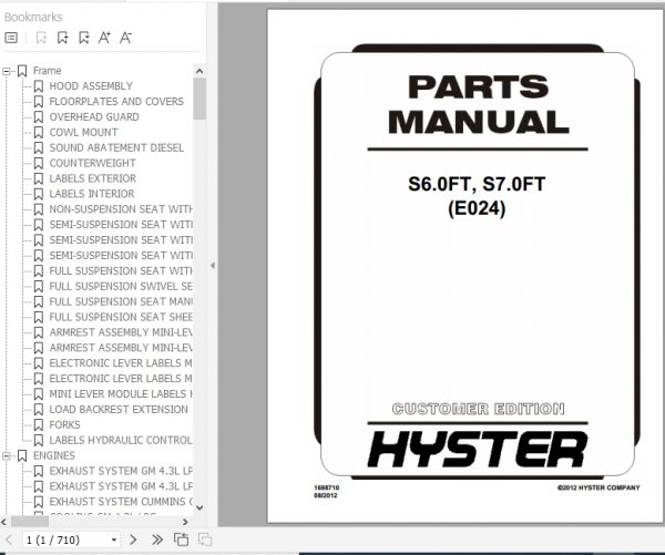 Hyster Forklift Truck E024 S6.0FT S7.0FT Europe Parts Manual 1698710 1