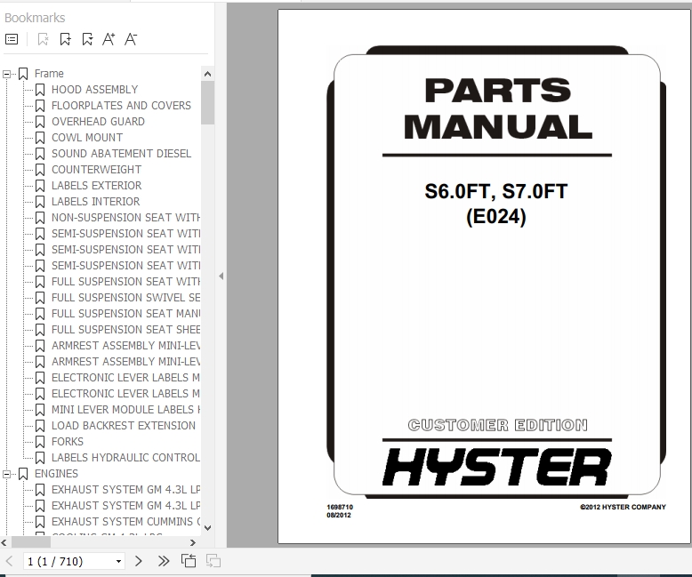 Hyster Forklift Truck E024 S6.0FT S7.0FT Europe Parts Manual 1698710 1