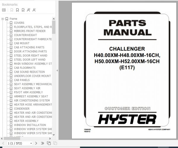Hyster Forklift Truck E117 H40.00XM H48.00XM 16CH H50.00XM H52.00XM 16CH Europe Parts Manual 1546436 1