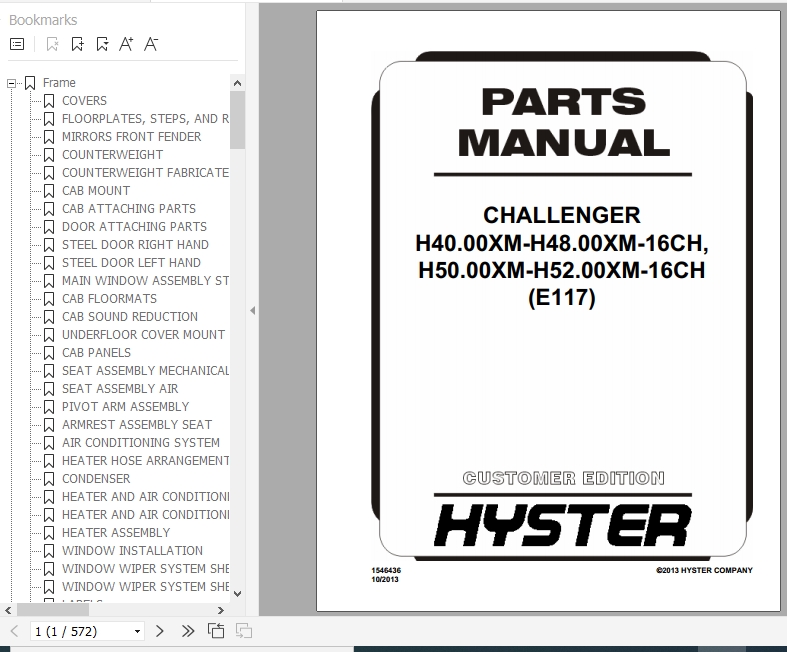 Hyster Forklift Truck E117 H40.00XM H48.00XM 16CH H50.00XM H52.00XM 16CH Europe Parts Manual 1546436 1
