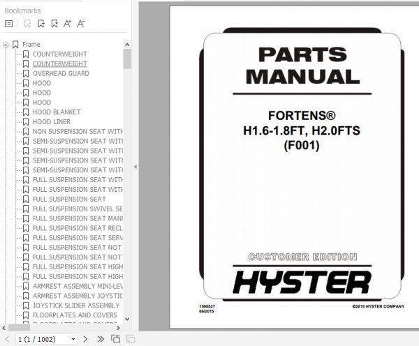 Hyster Forklift Truck F001 H1.6 1.8FT H2.0FTS Europe Parts Manual 1598527 1