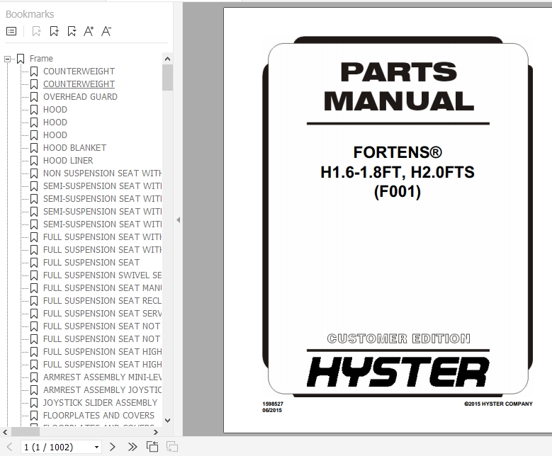 Hyster Forklift Truck F001 H1.6 1.8FT H2.0FTS Europe Parts Manual 1598527 1