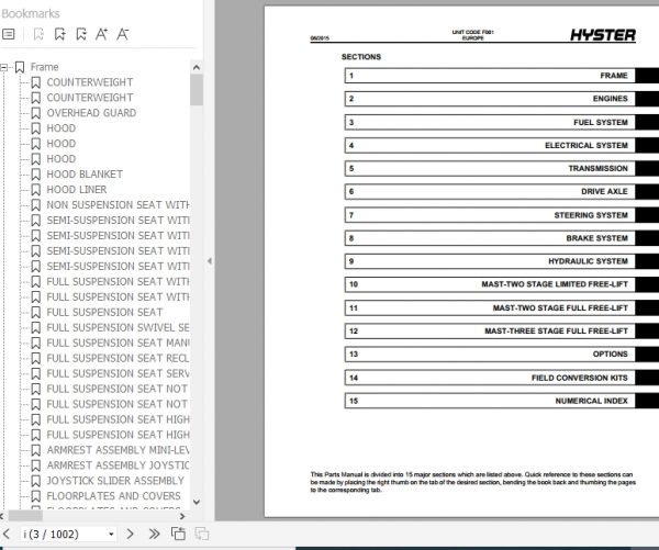 Hyster Forklift Truck F001 H1.6 1.8FT H2.0FTS Europe Parts Manual 1598527 2