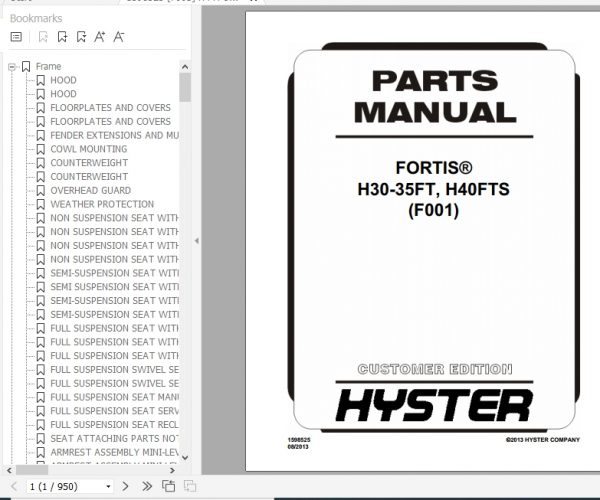 Hyster Forklift Truck F001 H30 35FT H40FTS Parts Manual 1598525 1