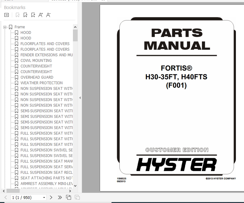 Hyster Forklift Truck F001 H30 35FT H40FTS Parts Manual 1598525 1