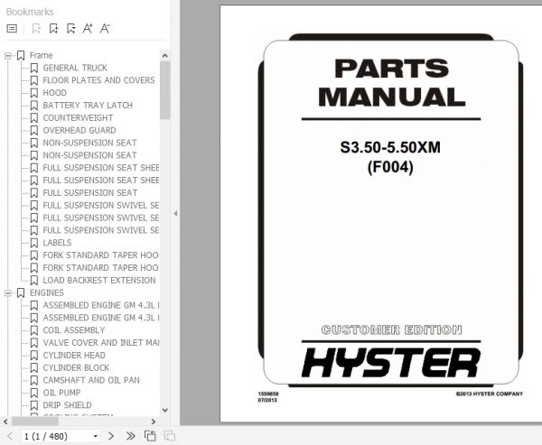 Hyster Forklift Truck F004 S3.50 5.50XM Europe Parts Manual 1559858 1