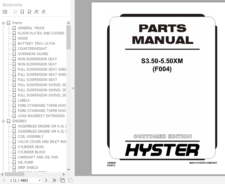 Hyster Forklift Truck F004 S3.50 5.50XM Europe Parts Manual 1559858 1