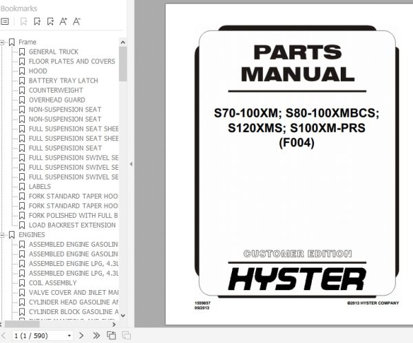 Hyster Forklift Truck F004 S70 100XMS80 100XMBCSS120XMSS100XM PRS Parts Manual 1559857 1