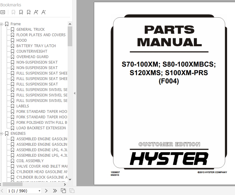 Hyster Forklift Truck F004 S70 100XMS80 100XMBCSS120XMSS100XM PRS Parts Manual 1559857 1