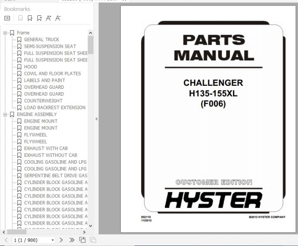 Hyster Forklift Truck F006 H135 155XL Parts Manual 852110 1