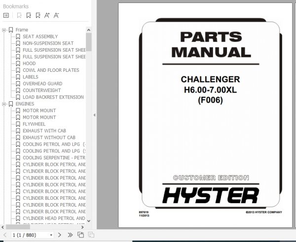 Hyster Forklift Truck F006 H6.00 7.00XL Europe Parts Manual 897619 1