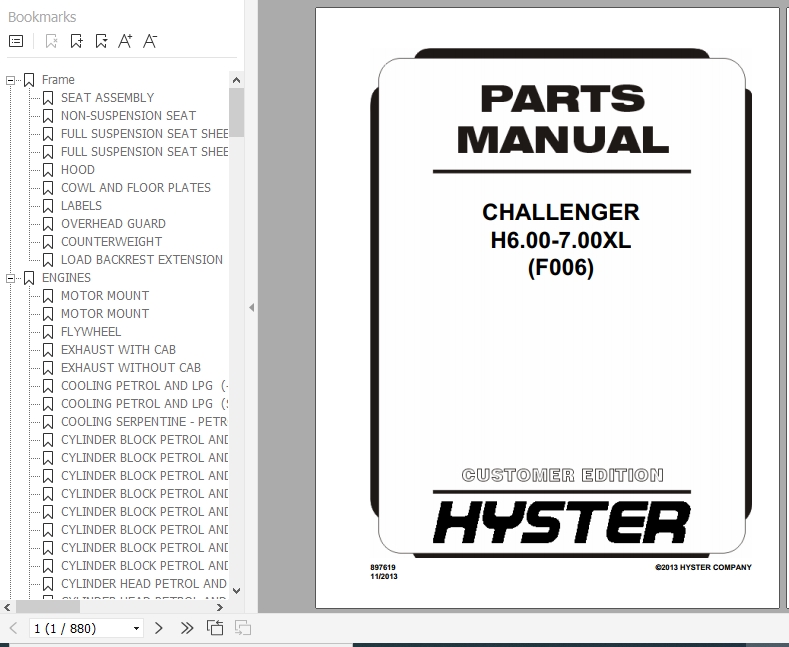 Hyster Forklift Truck F006 H6.00 7.00XL Europe Parts Manual 897619 1