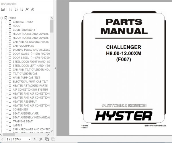 Hyster Forklift Truck F007 H8.00 12.00XM Europe Parts Manual 1494712 1