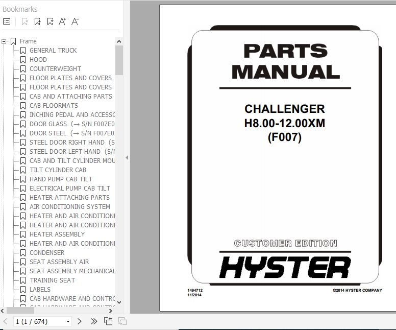 Hyster Forklift Truck F007 H8.00 12.00XM Europe Parts Manual 1494712 1