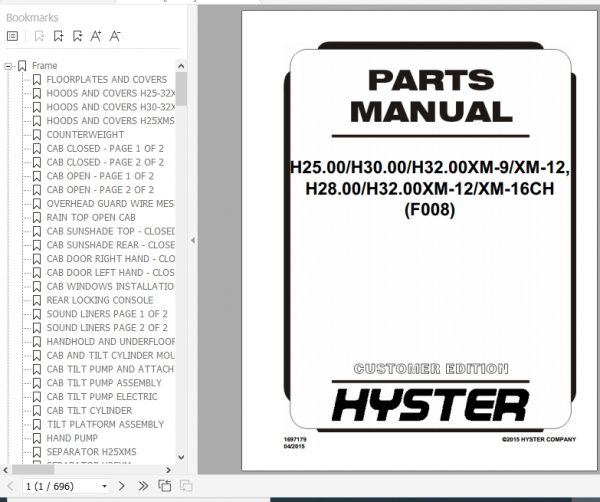 Hyster Forklift Truck F008 H25.00 H30.00 H32.00XM 9 XM 12 H28.00 H32.00XM 12 XM 16CH Parts Manual 1697179 1