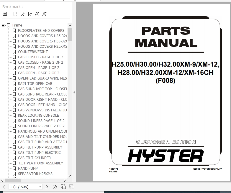 Hyster Forklift Truck F008 H25.00 H30.00 H32.00XM 9 XM 12 H28.00 H32.00XM 12 XM 16CH Parts Manual 1697179 1
