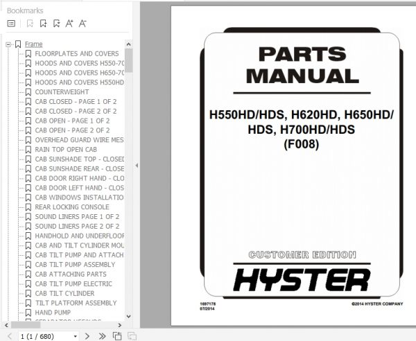 Hyster Forklift Truck F008 H550HD HDS H620HD H650HD HDS H700HD HDS Parts Manual 1697178 1
