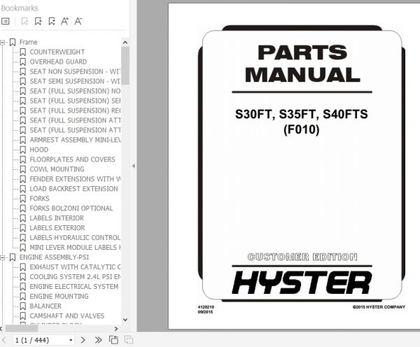 Hyster Forklift Truck F010 S30FT S35FT S40FTS Parts Manual 4120210 1