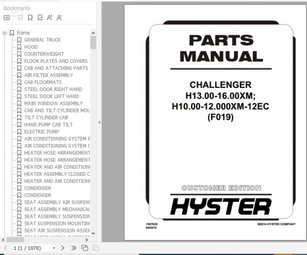 Hyster Forklift Truck F019 H13.00 16.00XM H10.00 12.000XM 12EC Europe Parts Manual 1557029 1