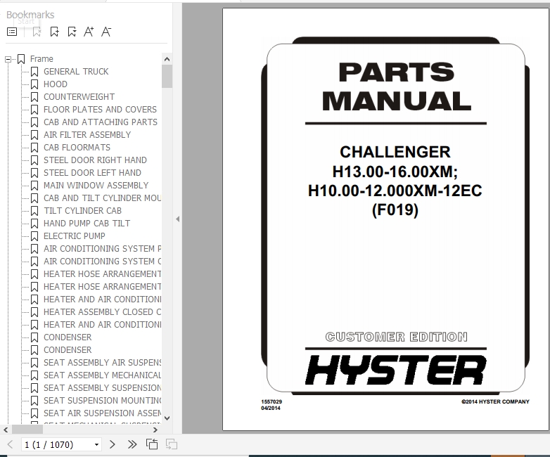 Hyster Forklift Truck F019 H13.00 16.00XM H10.00 12.000XM 12EC Europe Parts Manual 1557029 1