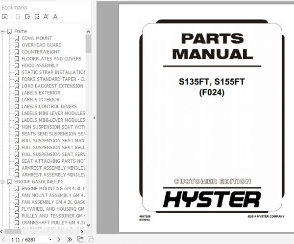 Hyster Forklift Truck F024 S135FT S155FT Parts Manual 4047289 1