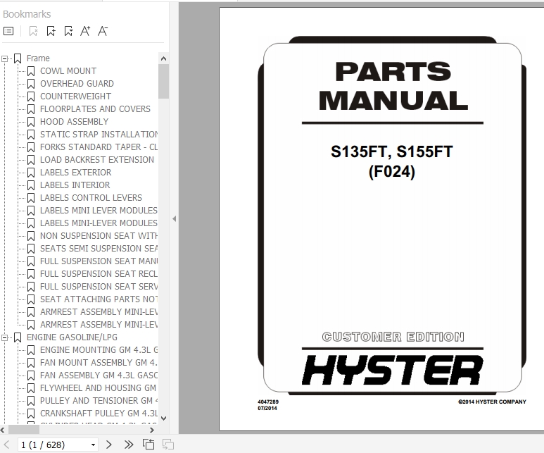 Hyster Forklift Truck F024 S135FT S155FT Parts Manual 4047289 1