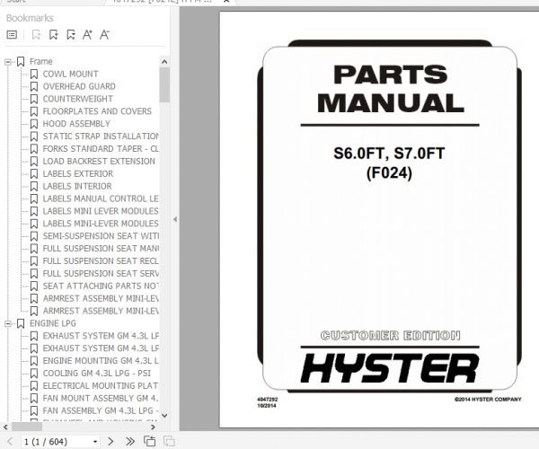 Hyster Forklift Truck F024 S6.0FT S7.0FT Europe Parts Manual 4047292 1