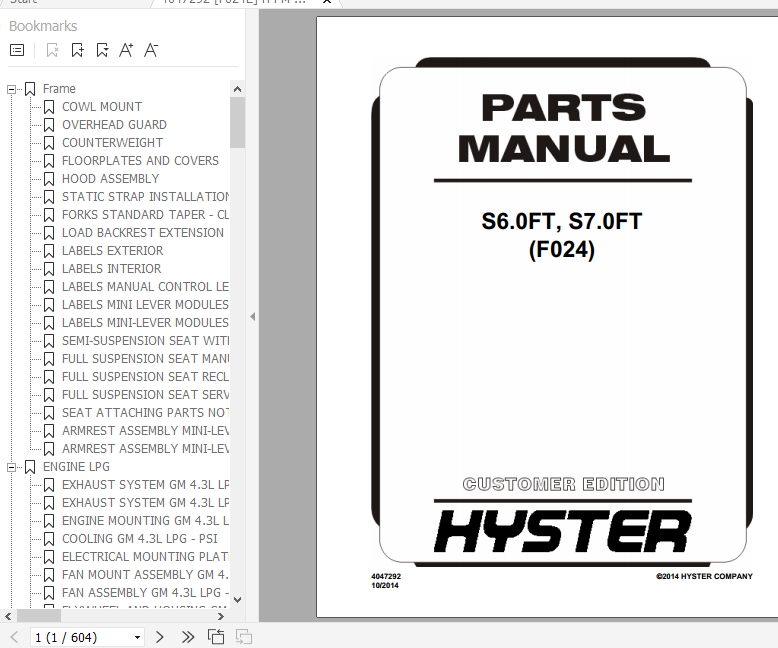 Hyster Forklift Truck F024 S6.0FT S7.0FT Europe Parts Manual 4047292 1