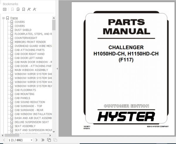 Hyster Forklift Truck F117 H1050HD CH H1150HD CH Parts Manual 1615871 1
