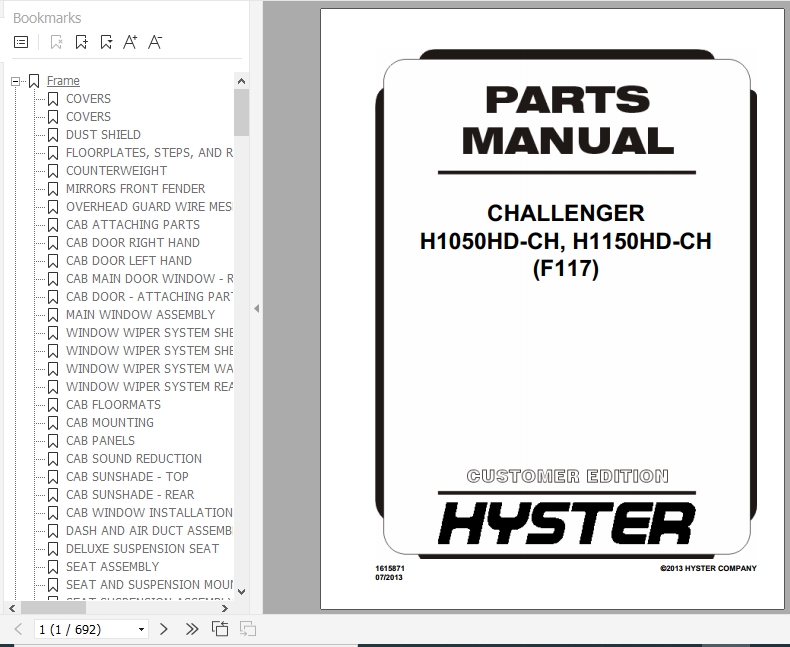 Hyster Forklift Truck F117 H1050HD CH H1150HD CH Parts Manual 1615871 1
