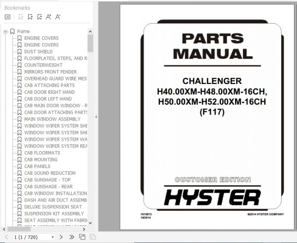 Hyster Forklift Truck F117 H40.00XM H48.00XM 16CH H50.00XM H52.00XM 16CH Europe Parts Manual 1615872 1