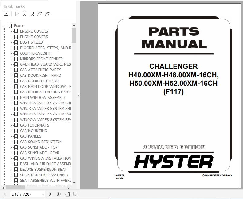 Hyster Forklift Truck F117 H40.00XM H48.00XM 16CH H50.00XM H52.00XM 16CH Europe Parts Manual 1615872 1