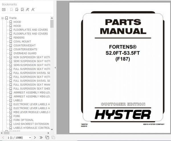 Hyster Forklift Truck F187 S2.0FT S3.5FT Europe Parts Manual 1605752 1