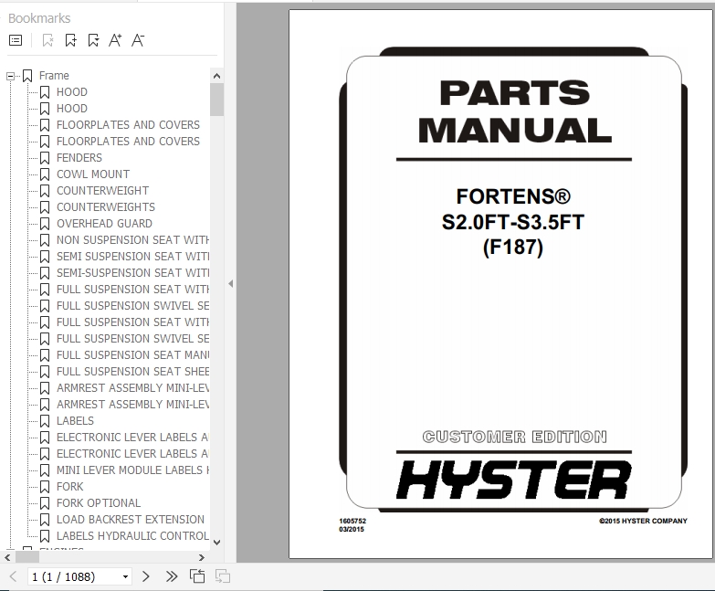 Hyster Forklift Truck F187 S2.0FT S3.5FT Europe Parts Manual 1605752 1