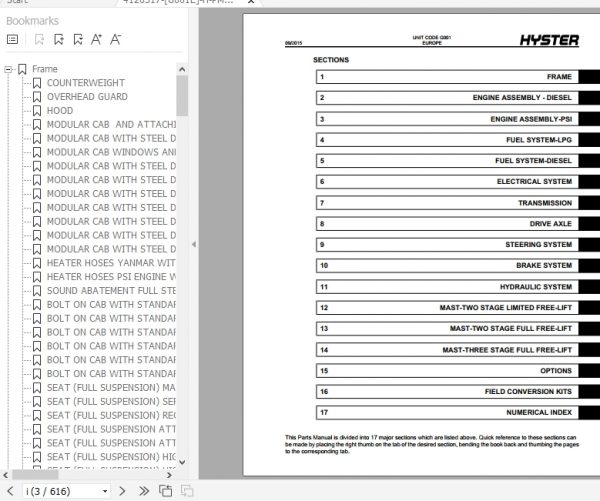 Hyster Forklift Truck G001 H1.6 1.8FT H2.0FTS Europe Parts Manual 4120317 2