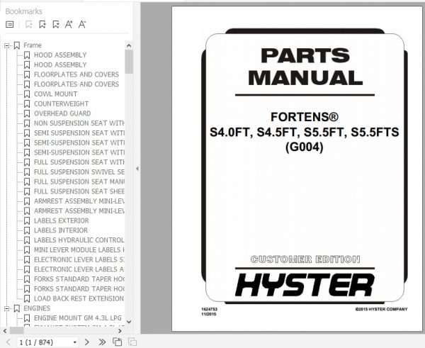 Hyster Forklift Truck G004 S4.0FT S4.5FT S5.5FT S5.5FTS Europe Parts Manual 1624753 1