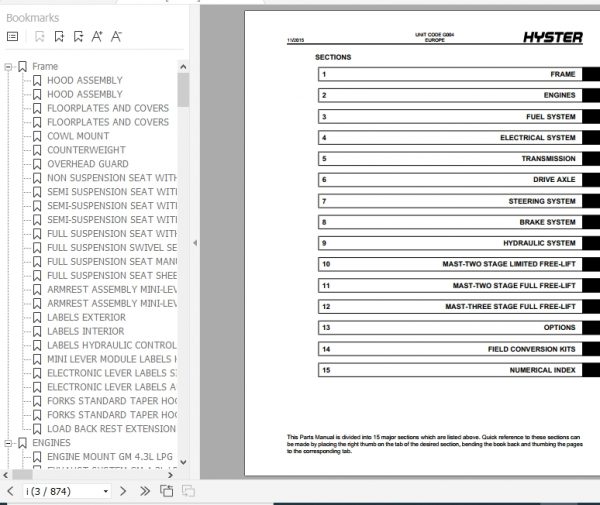 Hyster Forklift Truck G004 S4.0FT S4.5FT S5.5FT S5.5FTS Europe Parts Manual 1624753 2