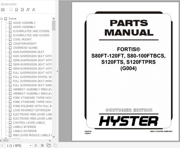 Hyster Forklift Truck G004 S80FT 120FT S80 100FTBCS S120FTS S120FTPRS Parts Manual 1624734 1