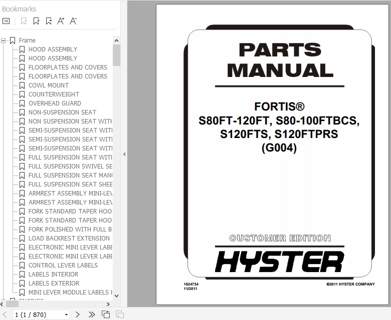 Hyster Forklift Truck G004 S80FT 120FT S80 100FTBCS S120FTS S120FTPRS Parts Manual 1624734 1
