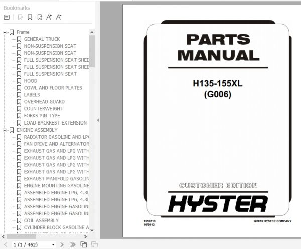 Hyster Forklift Truck G006 H135 155XL Parts Manual 1559719 1