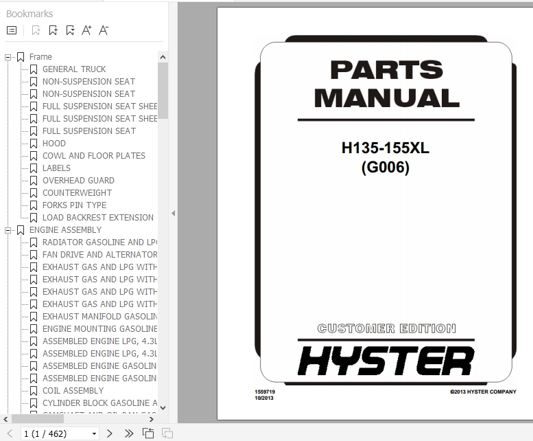 Hyster Forklift Truck G006 H135 155XL Parts Manual 1559719 1